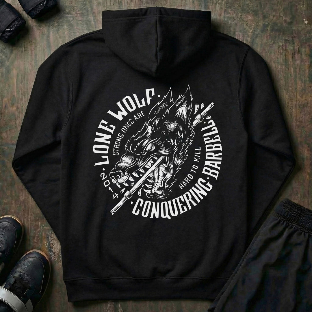 Lone Wolf - on Black Pullover Hoodie - Conquering Barbell