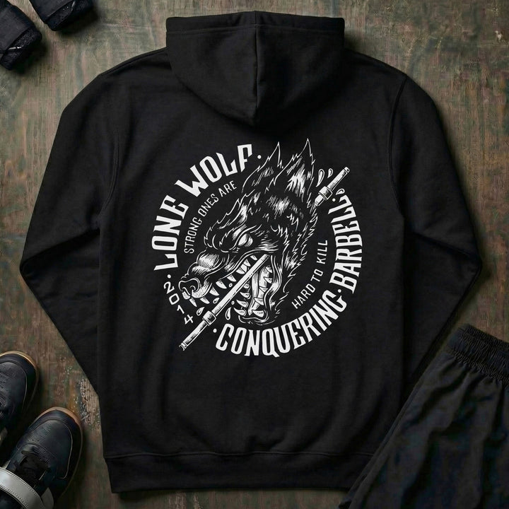 Lone Wolf - on Black Pullover Hoodie - Conquering Barbell