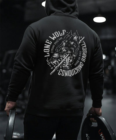 Lone Wolf - on Black Pullover Hoodie - Conquering Barbell