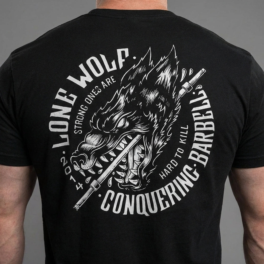 Lone Wolf - on Black Tee - Conquering Barbell