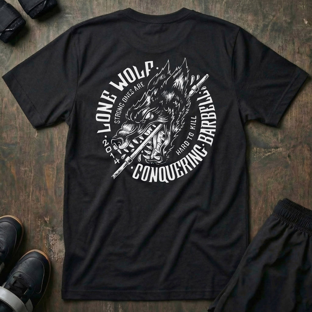 Lone Wolf - on Black Tee - Conquering Barbell
