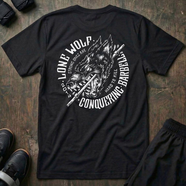 Lone Wolf - on Black Tee - Conquering Barbell