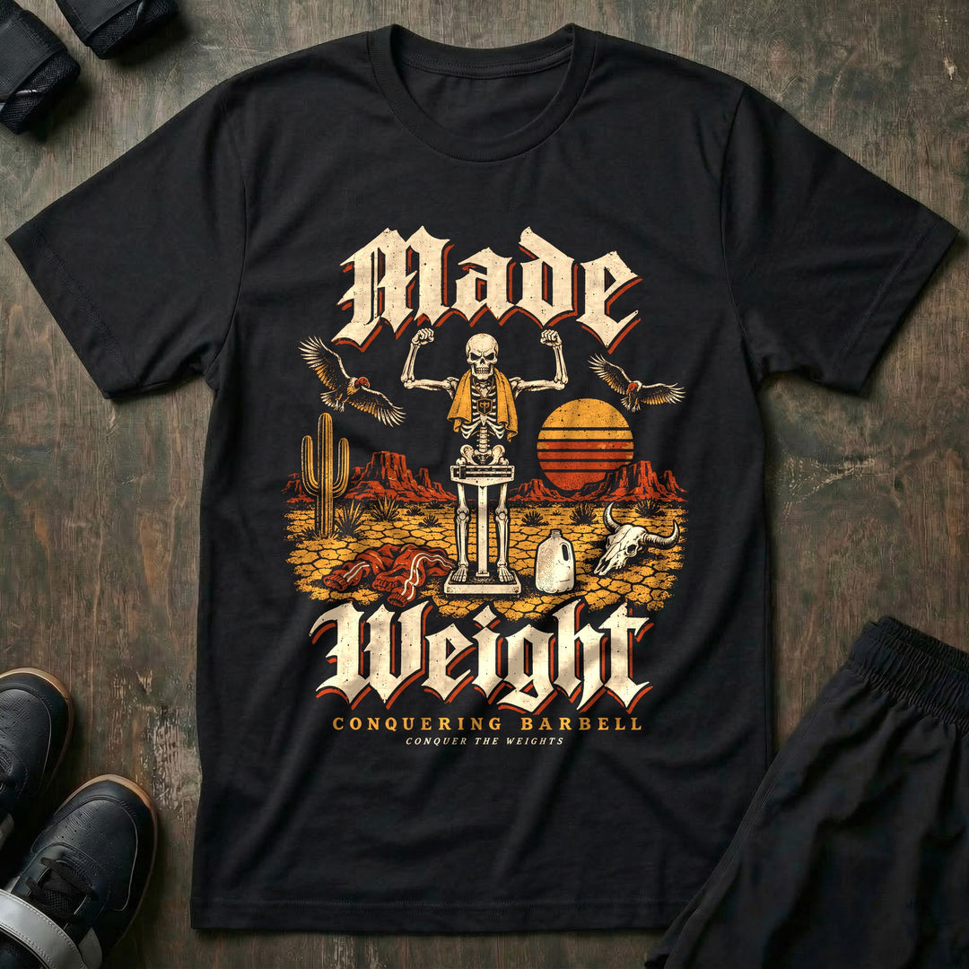 Made Weight - Tee front graphic in Black with a skeleton flexing on a balance scale in the desert while vultures circle - Conquering Barbell