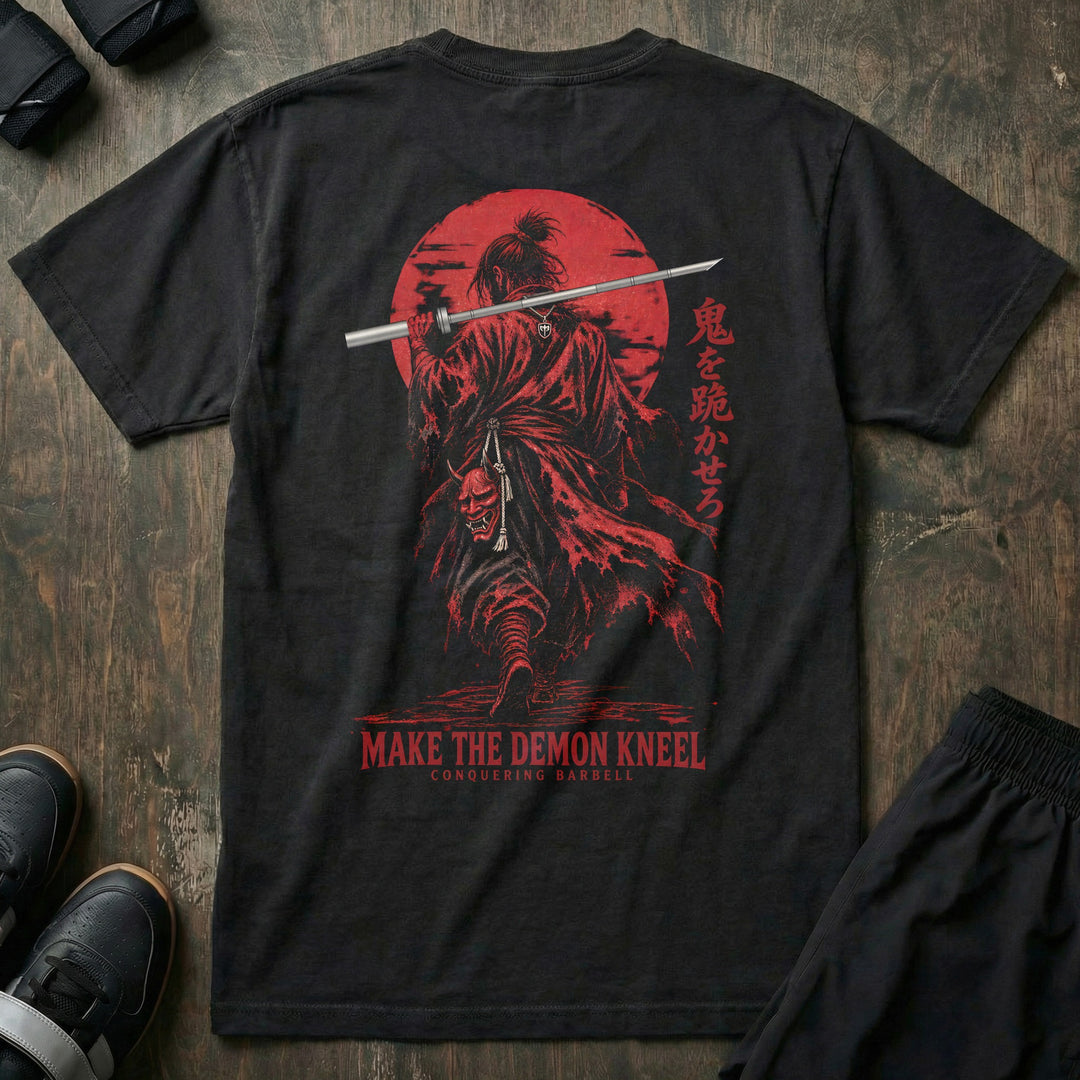 Make the Demon Kneel relaxed fit tee in Black, back print: lone ronin with a barbell-katana and Hannya mask