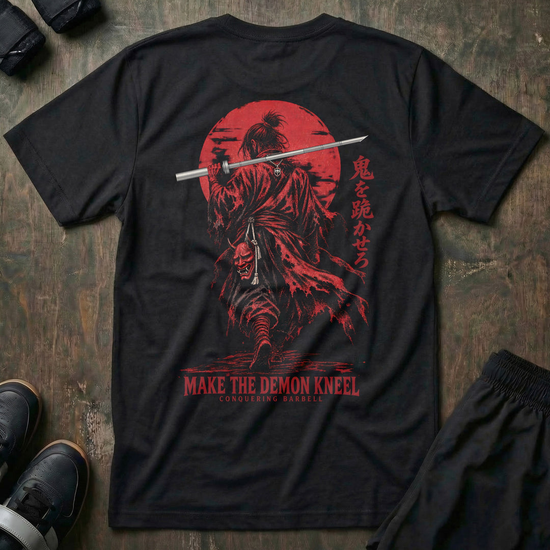Make the Demon Kneel tee in Black, back print: lone ronin with a barbell-katana and Hannya mask