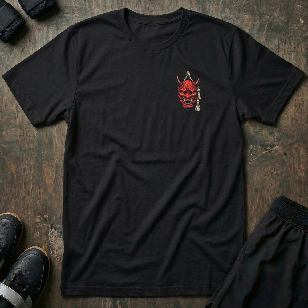 Make the Demon Kneel tee in Black, front with Hannya mask left chest print