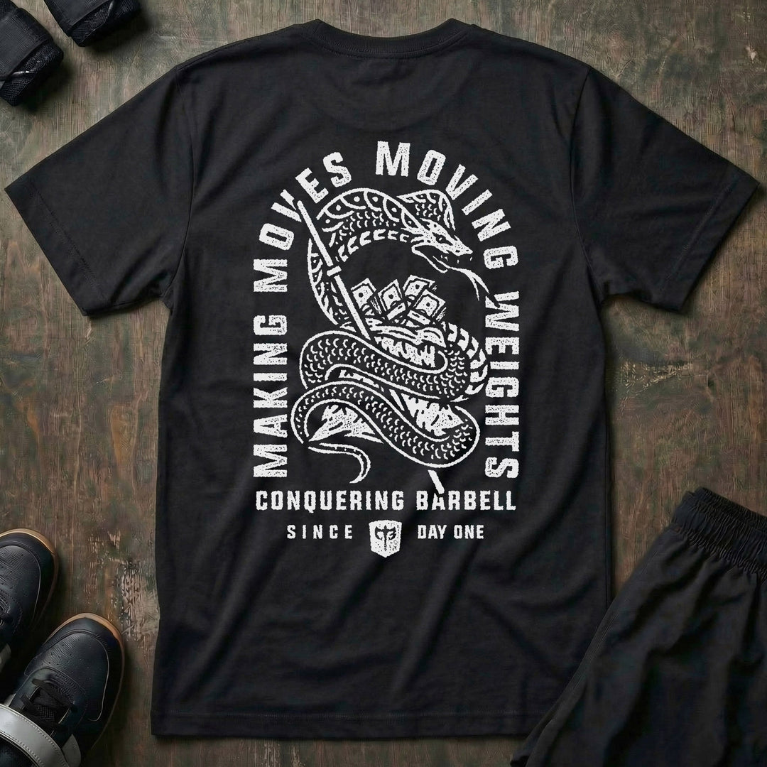 Making Moves, Moving Weights tee in Black: a detailed coiled snake gripping a blade and a stack of bills