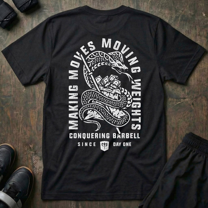 Making Moves, Moving Weights tee in Black: a detailed coiled snake gripping a blade and a stack of bills