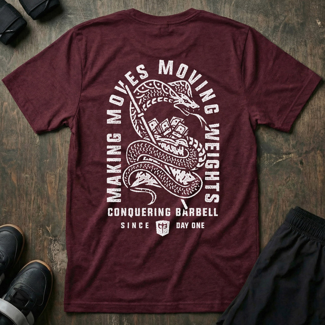 Making Moves, Moving Weights tee in Maroon: a detailed coiled snake gripping a blade and a stack of bills
