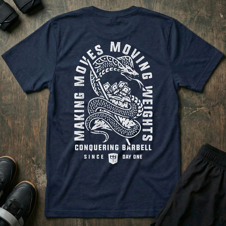 Making Moves, Moving Weights tee in Navy: a detailed coiled snake gripping a blade and a stack of bills