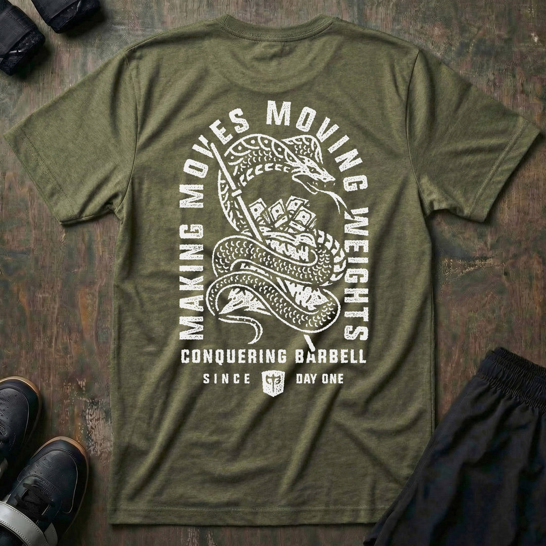 Making Moves, Moving Weights tee in Military: a detailed coiled snake gripping a blade and a stack of bills