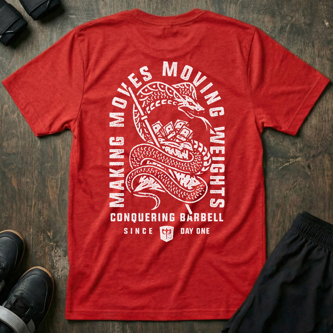 Making Moves, Moving Weights tee in Red: a detailed coiled snake gripping a blade and a stack of bills