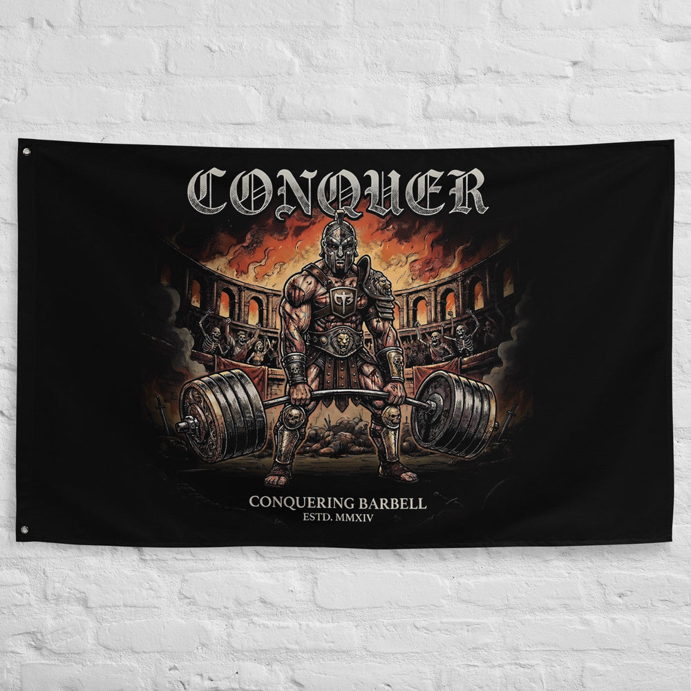 Man in the Arena - Polyester Flag, horizontal gym flag hanging in a home gym - Conquering Barbell