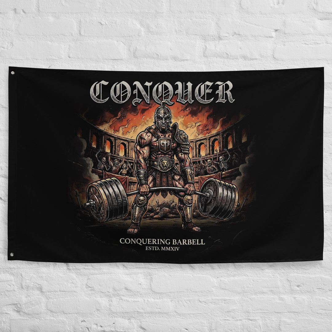 Man in the Arena - Polyester Flag, horizontal gym flag hanging in a home gym - Conquering Barbell
