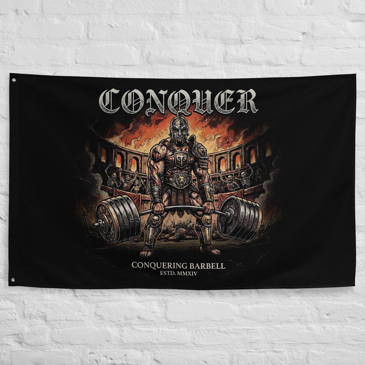 Man in the Arena - Polyester Flag, horizontal gym flag hanging in a home gym - Conquering Barbell