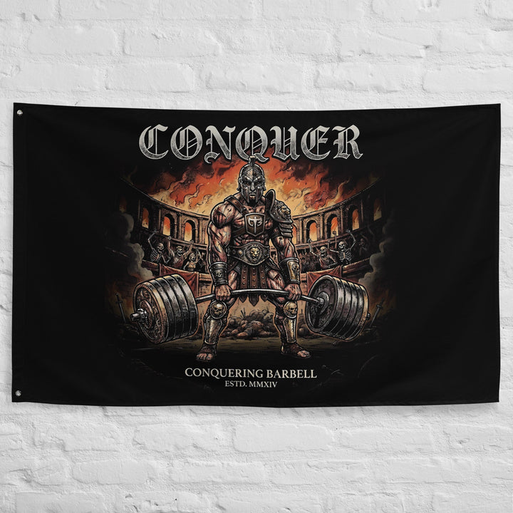 Man in the Arena - Polyester Flag, horizontal gym flag hanging in a home gym - Conquering Barbell