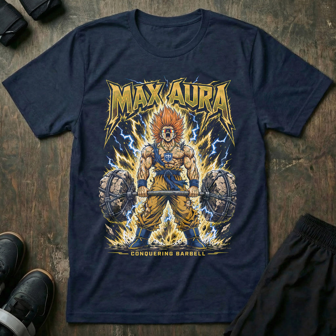 Max Aura tee in Navy: a super-powered anime warrior with blazing hair deadlifting a stone-loaded barbell