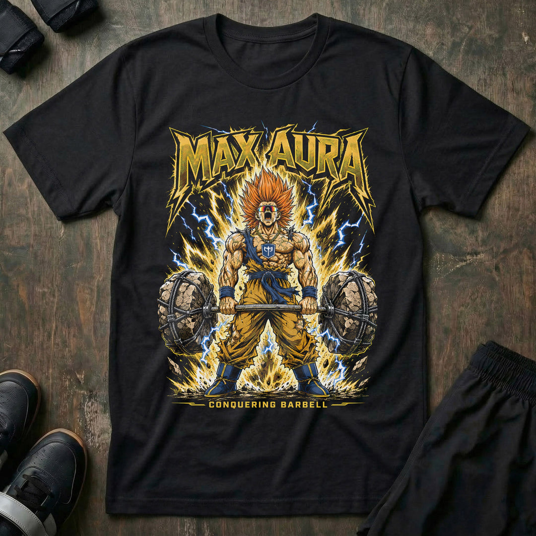Max Aura tee in Black: a super-powered anime warrior with blazing hair deadlifting a stone-loaded barbell