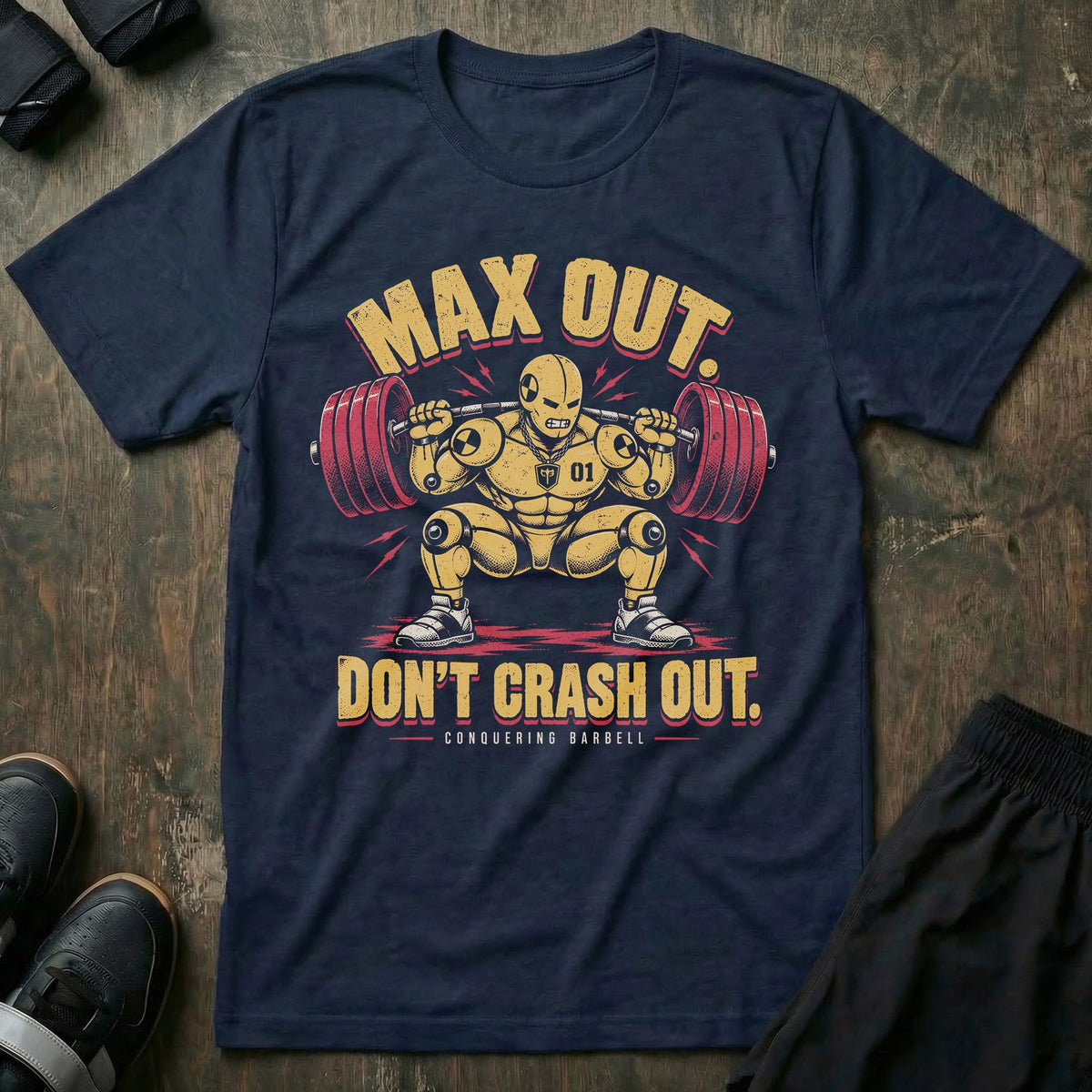 Max Out. Don't Crash Out. tee in Navy: a battle-tested robot lifter sitting deep under a heavily loaded barbell