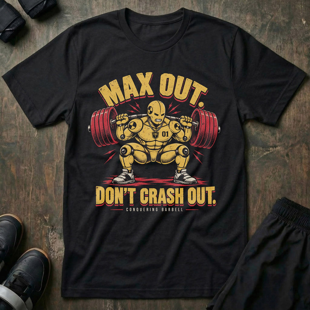 Max Out. Don't Crash Out. tee in Black: a battle-tested robot lifter sitting deep under a heavily loaded barbell
