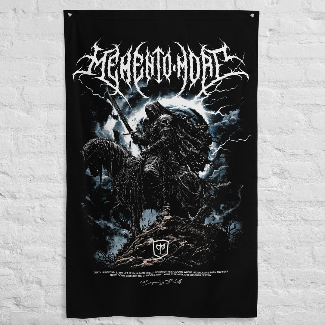 Memento Mori - The Last Rider - Polyester Flag, vertical gym flag hanging in a home gym - Conquering Barbell