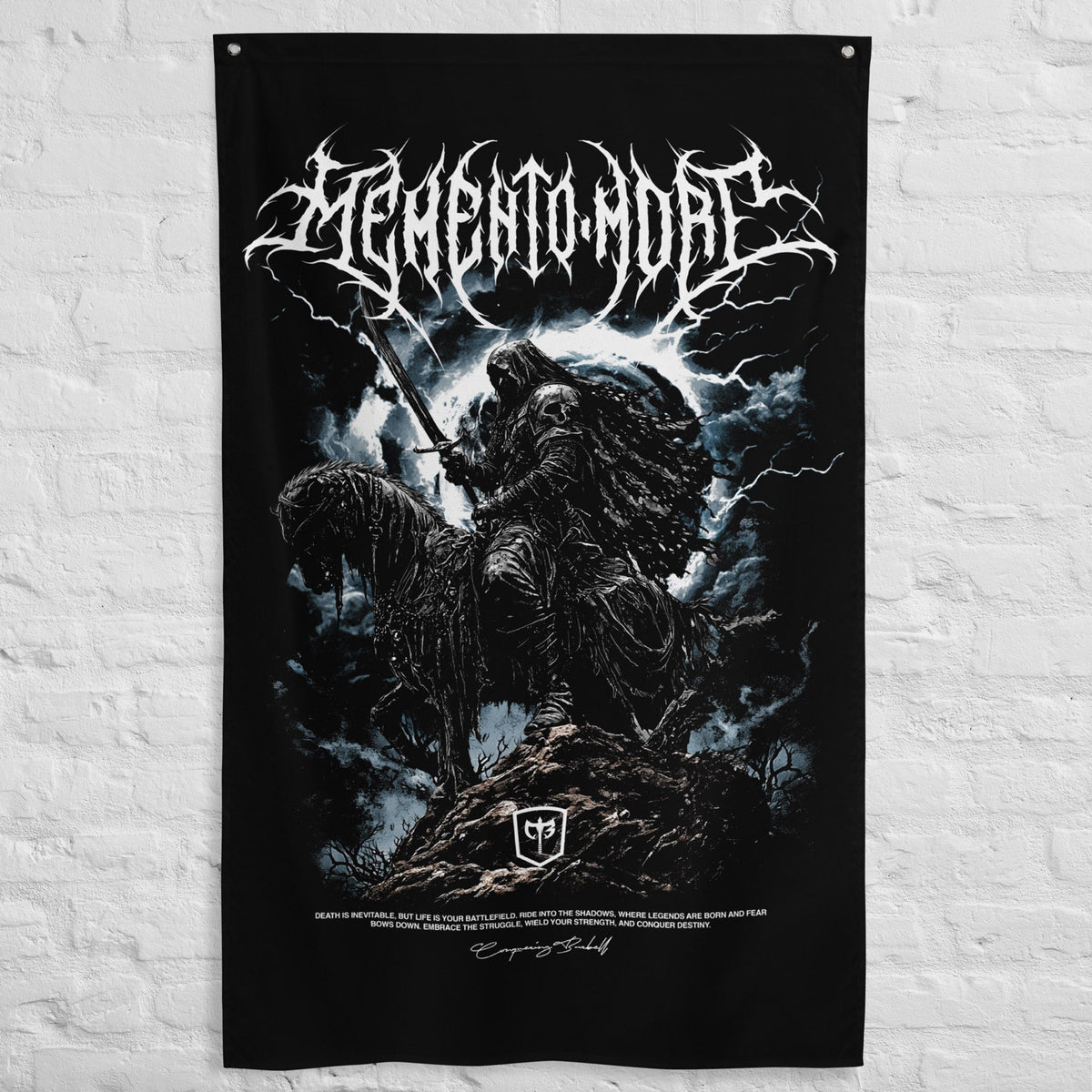 Memento Mori - The Last Rider - Polyester Flag, vertical gym flag hanging in a home gym - Conquering Barbell