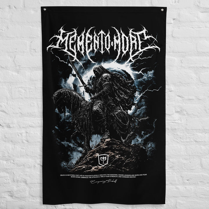 Memento Mori - The Last Rider - Polyester Flag, vertical gym flag hanging in a home gym - Conquering Barbell