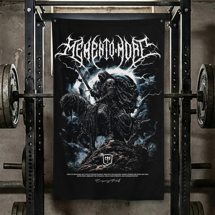 Memento Mori - The Last Rider - Polyester Flag, vertical black gym flag with skeletal rider on a dark horse charging through a storm - Conquering Barbell
