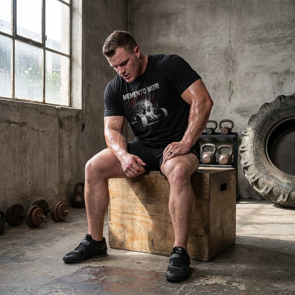 Memento Mori tee in Black: a grey skull with red roses resting on a loaded barbell