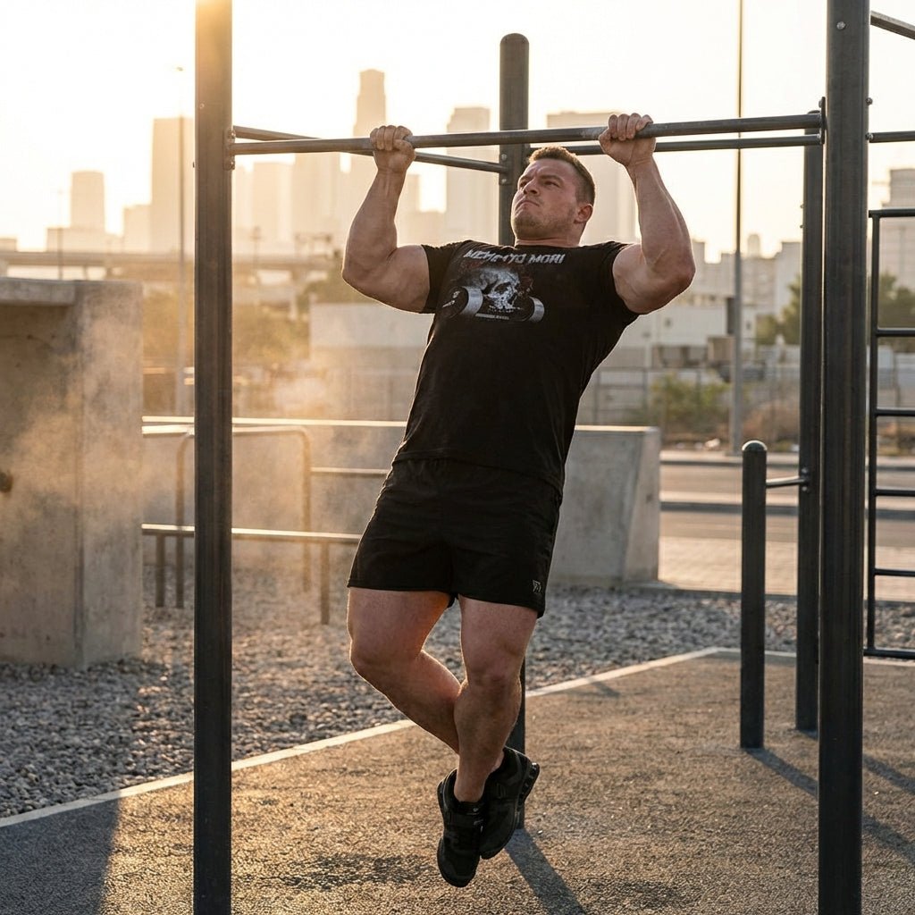 Memento Mori tee in Black: a grey skull with red roses resting on a loaded barbell
