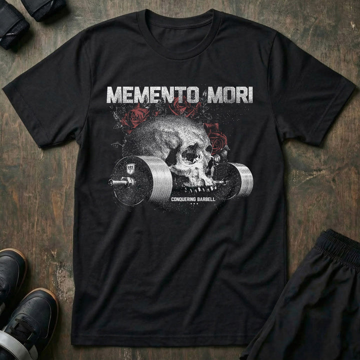 Memento Mori tee in Black: a grey skull with red roses resting on a loaded barbell