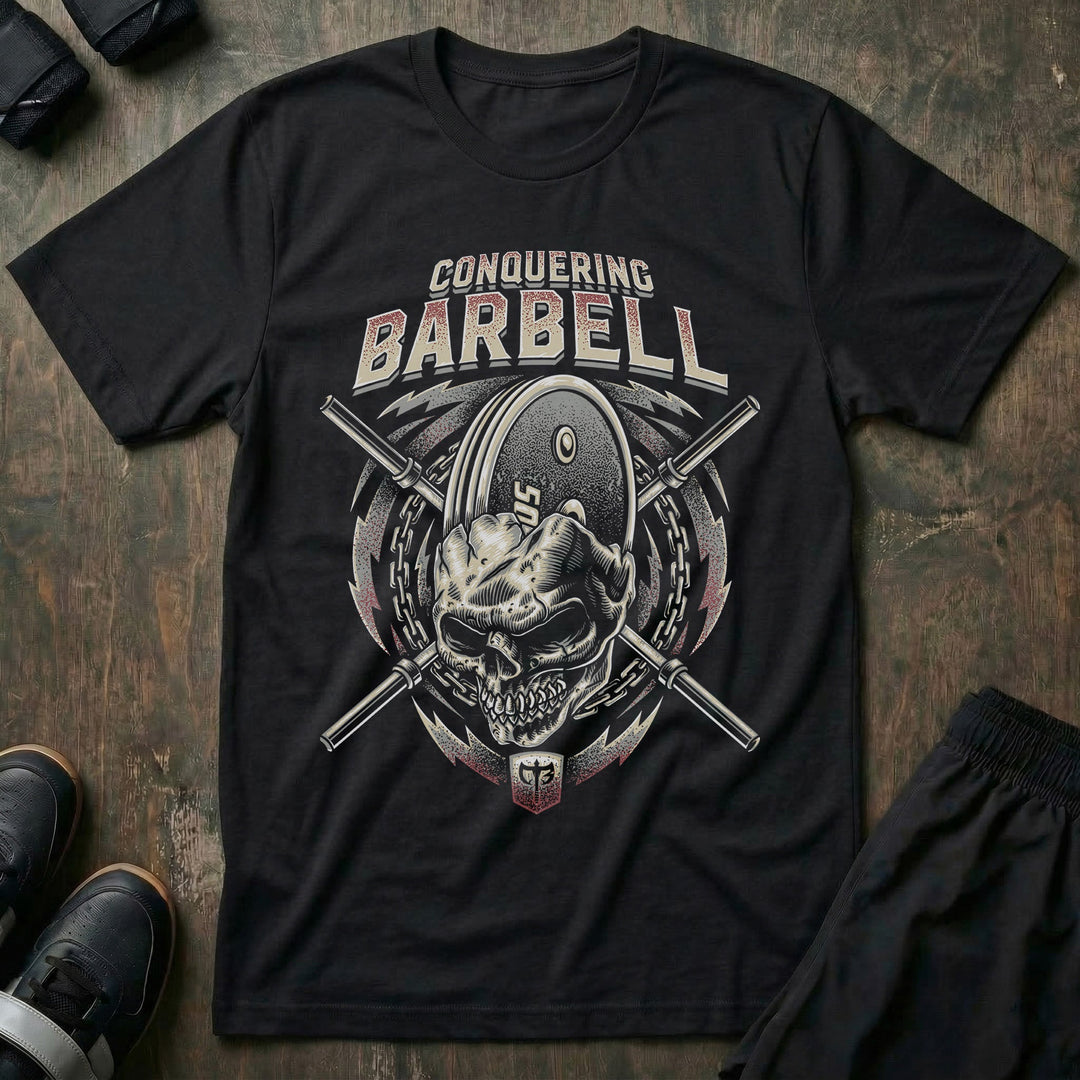 MetalHead tee in Black: a snarling skull bursting through a weight plate over crossed barbells