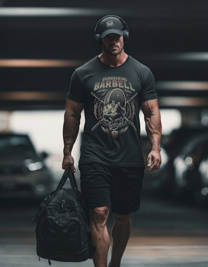 MetalHead tee in Black: a snarling skull bursting through a weight plate over crossed barbells