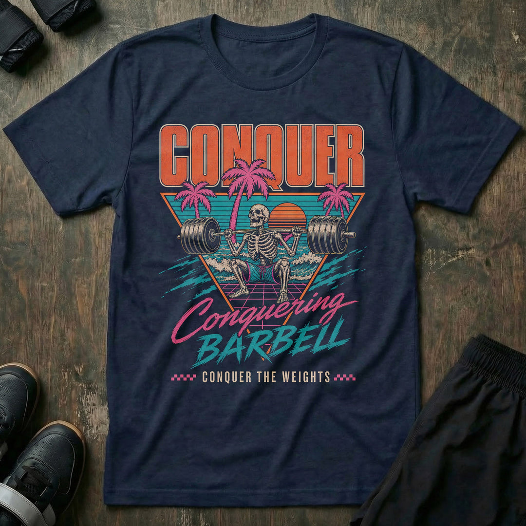 Miami Gains tee in Navy: a skeleton squatting a loaded barbell inside a retro sunset triangle with pink palm trees