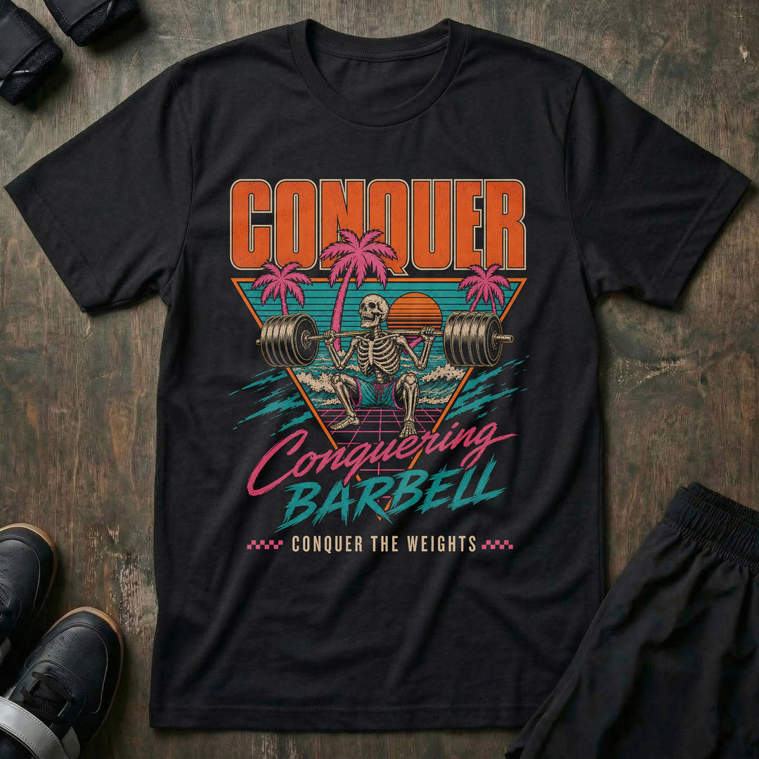 Miami Gains tee in Black: a skeleton squatting a loaded barbell inside a retro sunset triangle with pink palm trees
