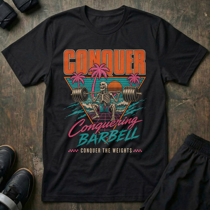 Miami Gains tee in Black: a skeleton squatting a loaded barbell inside a retro sunset triangle with pink palm trees