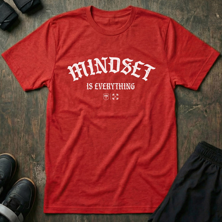 Mindset is Everything tee in Red: MINDSET in bold old English lettering arched across the front