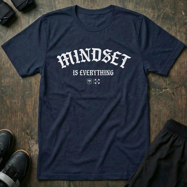 Mindset is Everything tee in Navy: MINDSET in bold old English lettering arched across the front