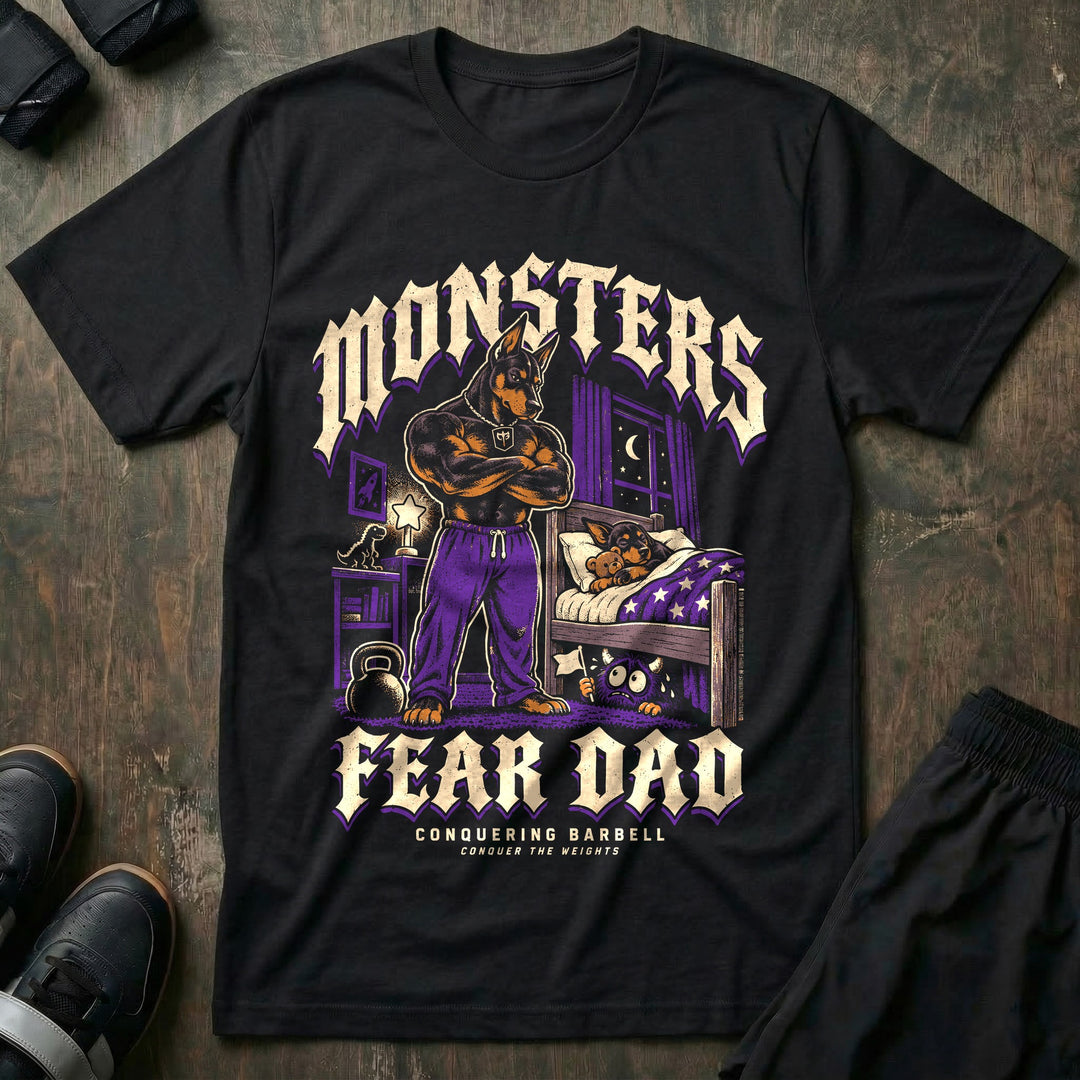 Monsters Fear Dad - Tee front graphic in Black with a doberman dad with crossed arms standing by a bed where a puppy sleeps while a small monster under the bed waves a white flag - Conquering Barbell