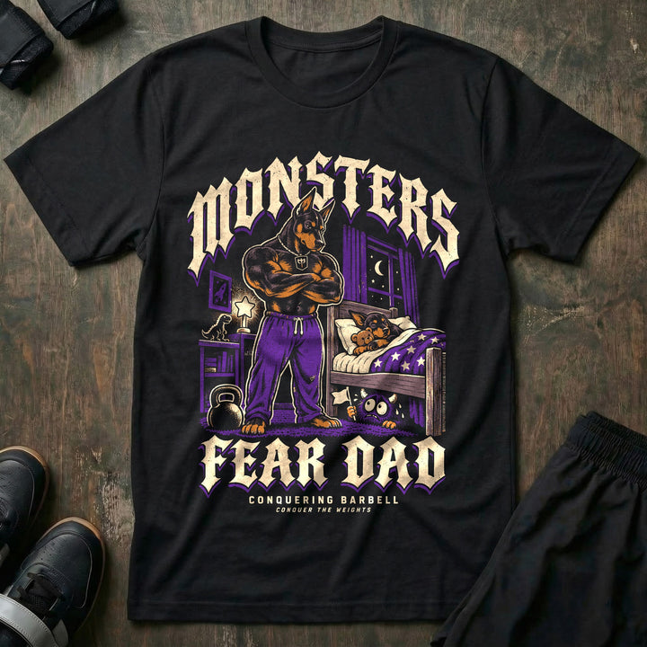 Monsters Fear Dad - Tee front graphic in Black with a doberman dad with crossed arms standing by a bed where a puppy sleeps while a small monster under the bed waves a white flag - Conquering Barbell