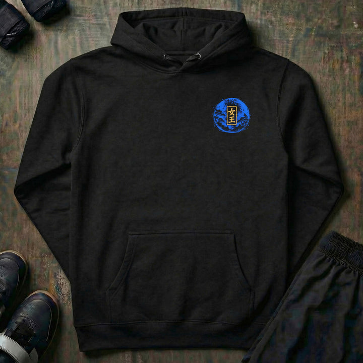 Moon Queen pullover hoodie in Black, left chest: blue moon with a gold queen stamp