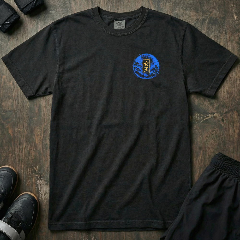 Moon Queen relaxed fit tee in Black, left chest: blue moon with a gold queen stamp
