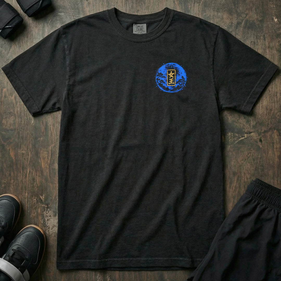 Moon Queen relaxed fit tee in Black, left chest: blue moon with a gold queen stamp