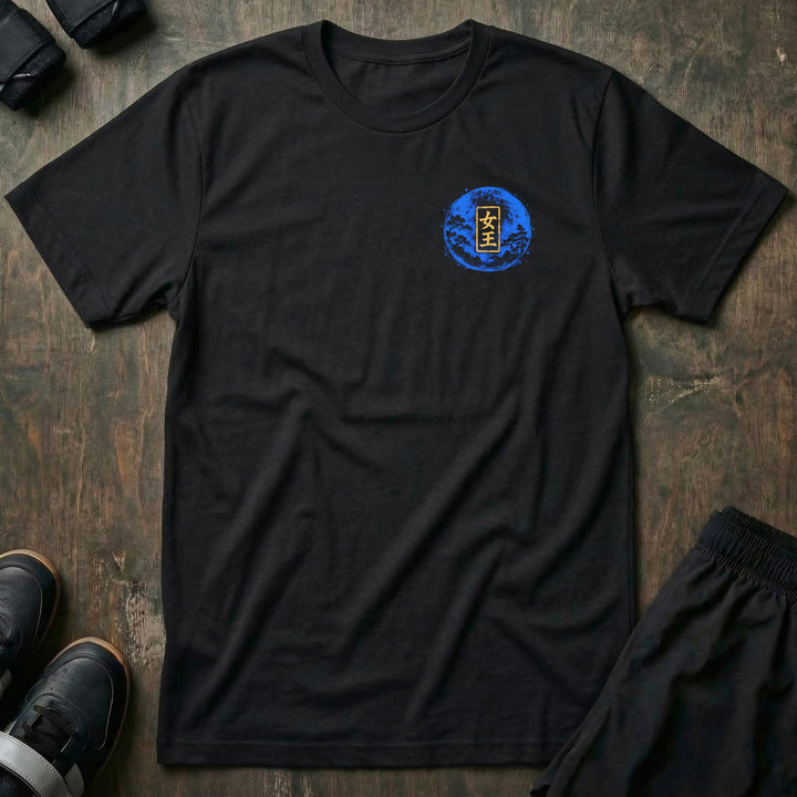 Moon Queen tee in Black, left chest: blue moon with a gold queen stamp