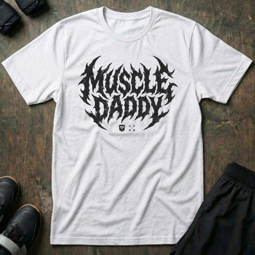 Muscle Daddy tee in White: MUSCLE DADDY in jagged