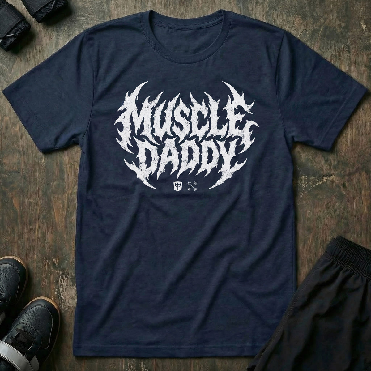 Muscle Daddy tee in Navy: MUSCLE DADDY in jagged