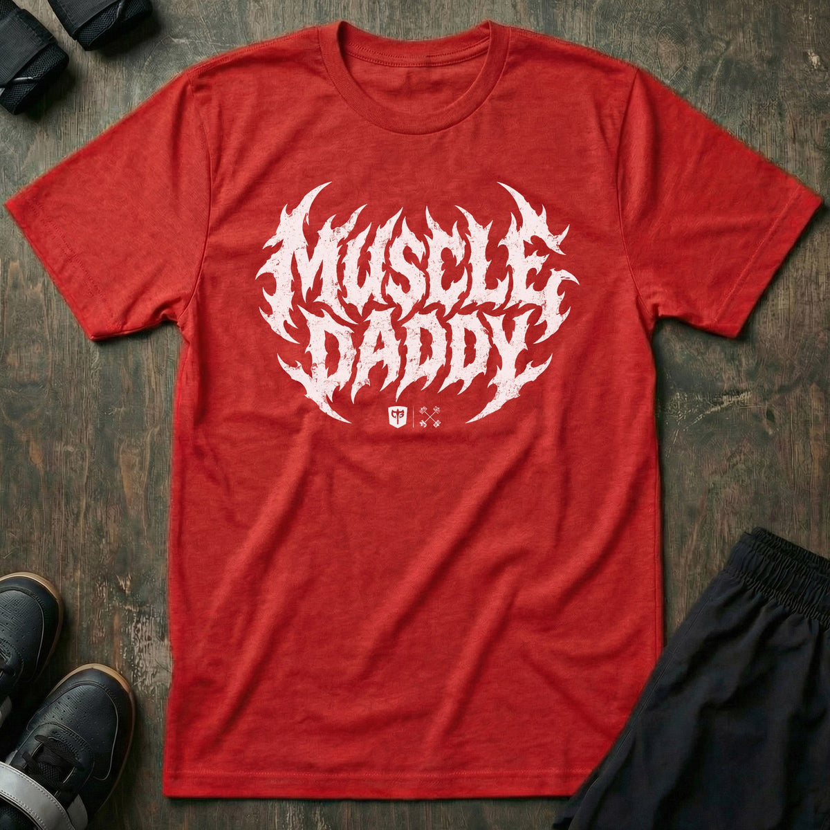 Muscle Daddy tee in Red: MUSCLE DADDY in jagged