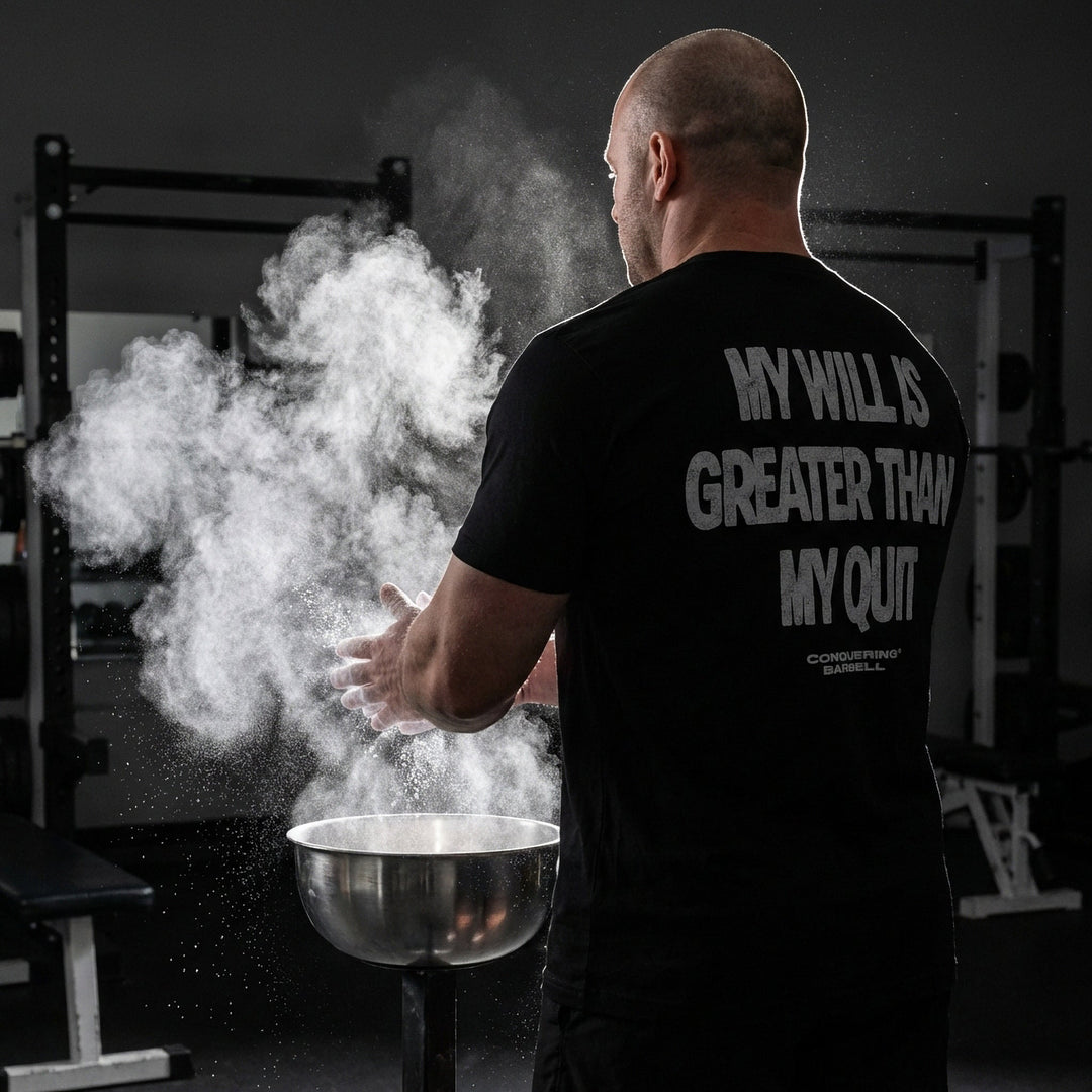 My Will is Greater than My Quit tee in Black: MY WILL IS GREATER THAN MY QUIT in bold block letters