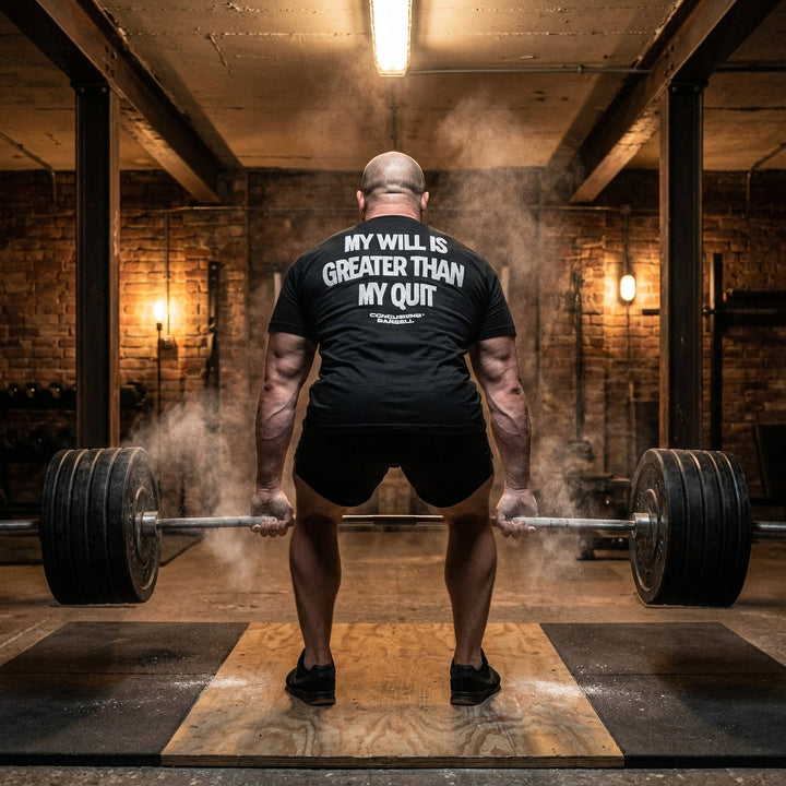 My Will is Greater than My Quit tee in Black: MY WILL IS GREATER THAN MY QUIT in bold block letters