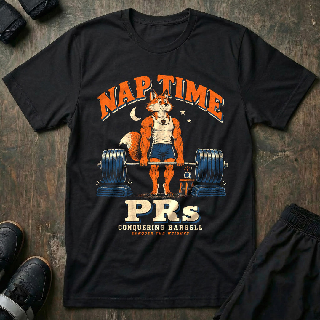Nap Time PRs - Tee front graphic in Black with a fox dad quietly deadlifting a loaded barbell onto folded blankets beside a baby monitor - Conquering Barbell